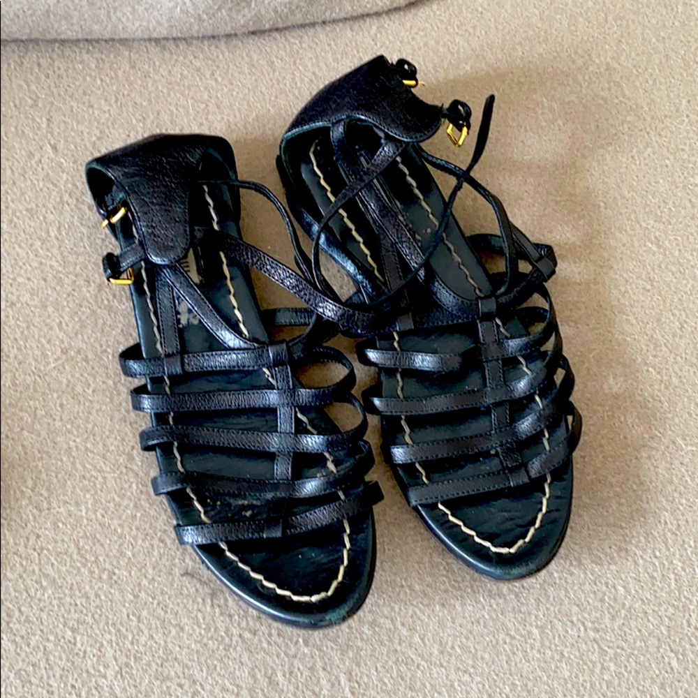 Miu Miu Black Leather Gladiator Sandals, flat